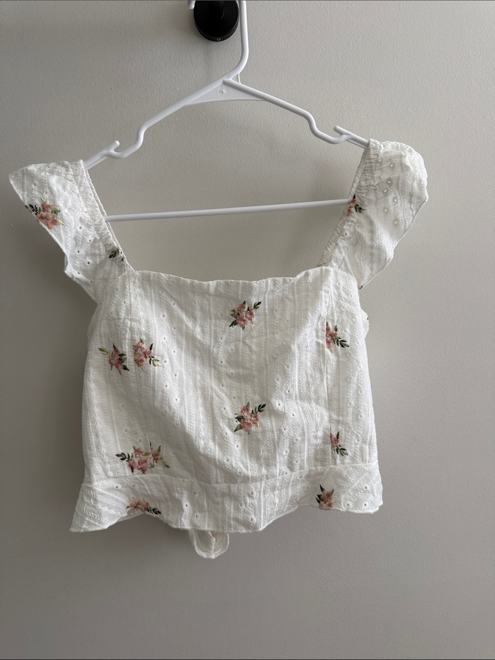 White Floral Eyelet Square-Neck Crop Top with Ruffle Straps